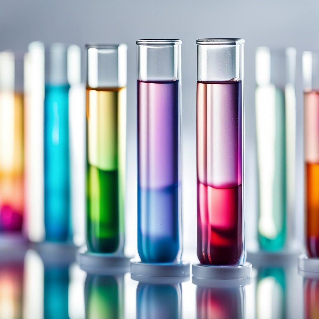 A row of test tubes filled with colorful liquids in shades of blue, green, yellow, purple, and red, standing upright on a reflective surface. The background is softly blurred, emphasizing the vibrant colors in the tubes.