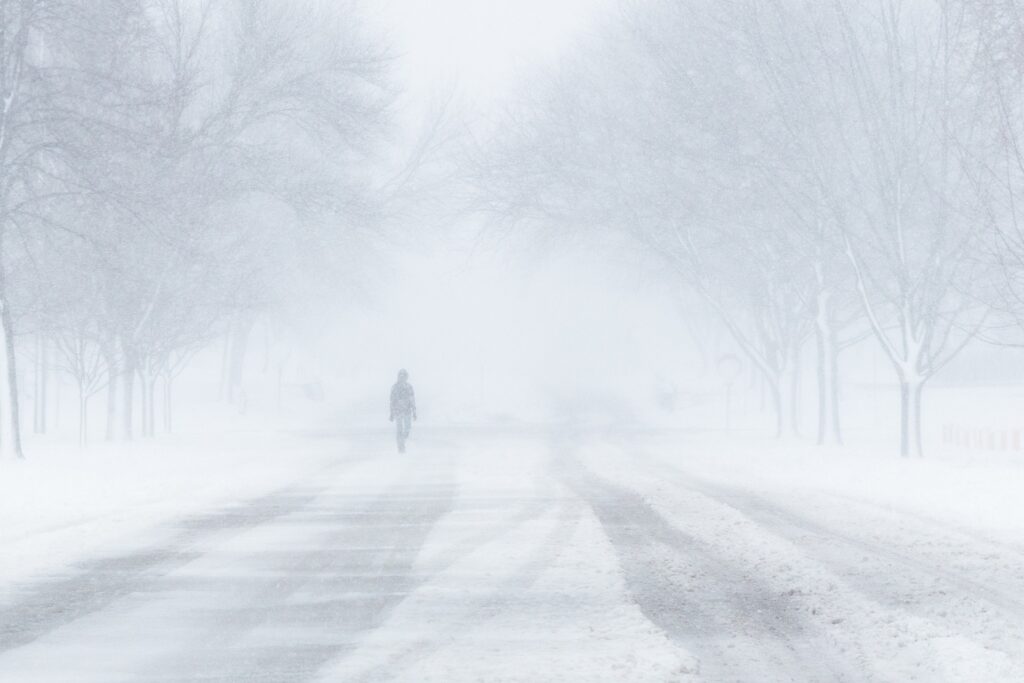 A person walks down a snow-covered road surrounded by leafless trees during a heavy snowstorm. The scene is mostly white, with low visibility, creating a serene and isolated winter atmosphere.